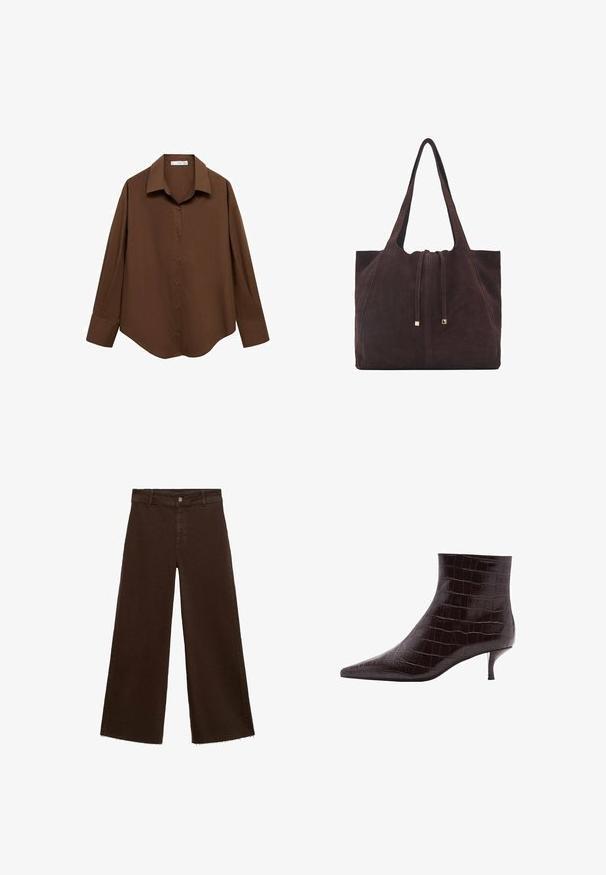 Mango Hemdbluse - brown; Braune, weit geschnittene Hosen aus Baumwollmischung mit fransigem Saum, vorderem Knopfverschluss und klassischem Fünf-Taschen-Design. Minimalistisch und vielseitig.; Schwarze, krokodilgeprägte Lederstiefel mit spitzem Zeh und kurzem, dünnem Absatz. Glatte Textur mit ausgeprägtem Muster und elegantem Design.; Mango Shopping Bag - dark brown