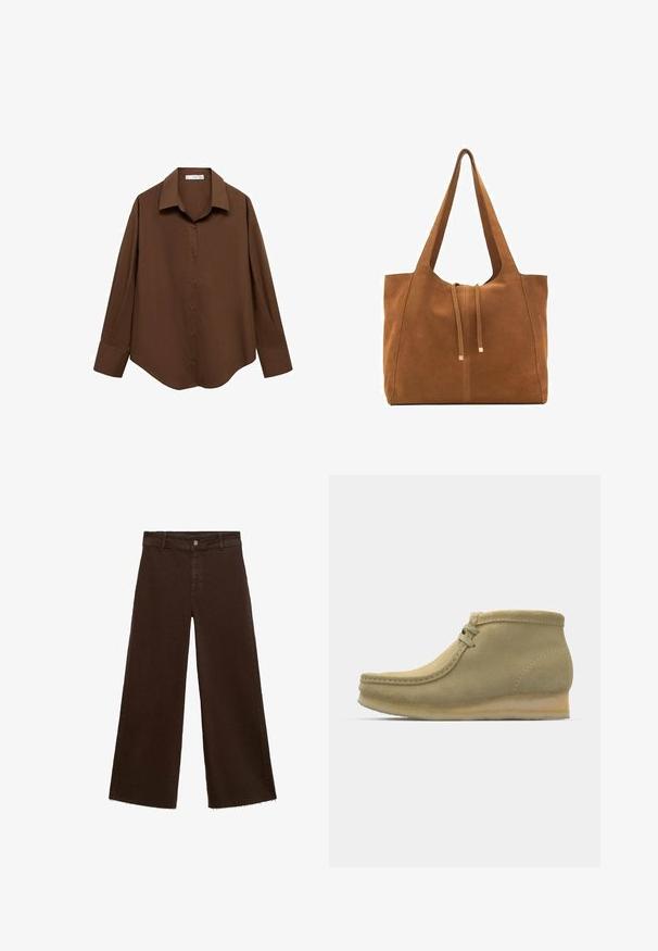 Mango Cămașă - brown; Pantaloni largi maro dintr-un amestec de bumbac, cu un tiv desfăcut, închidere cu buton frontal și un design clasic cu cinci buzunare. Minimalist și versatil.; Bocanci Ankle din suede bej, cu vârf rotunjit, cusături minime, un toc mic și un sistem de șireturi pentru o ajustare confortabilă.; Geantă tote din suede maro cu două mânere lungi, închidere prin șnur și un design minimalistic. Textură netedă și fără accente vizibile de hardură.