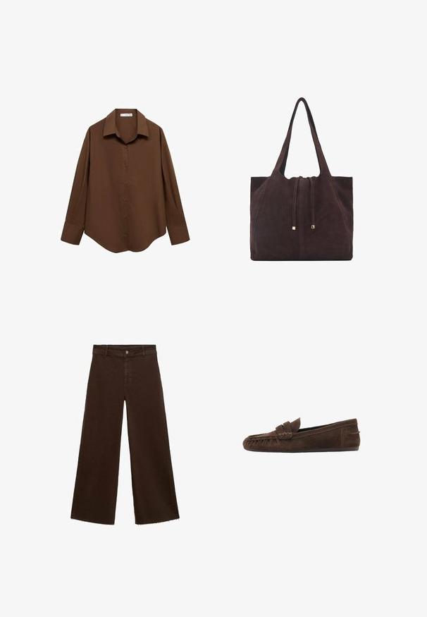 Mango Hemdbluse - brown; Braune, weit geschnittene Hosen aus Baumwollmischung mit fransigem Saum, vorderem Knopfverschluss und klassischem Fünf-Taschen-Design. Minimalistisch und vielseitig.; Braune Wildleder-Mokassins mit einer strukturierten Oberseite, ausgestattet mit einer geflochtenen Akzentuierung und einer flachen Sohle, entworfen für lässigen Komfort und angenehmes Tragen.; Mango Shopping Bag - dark brown