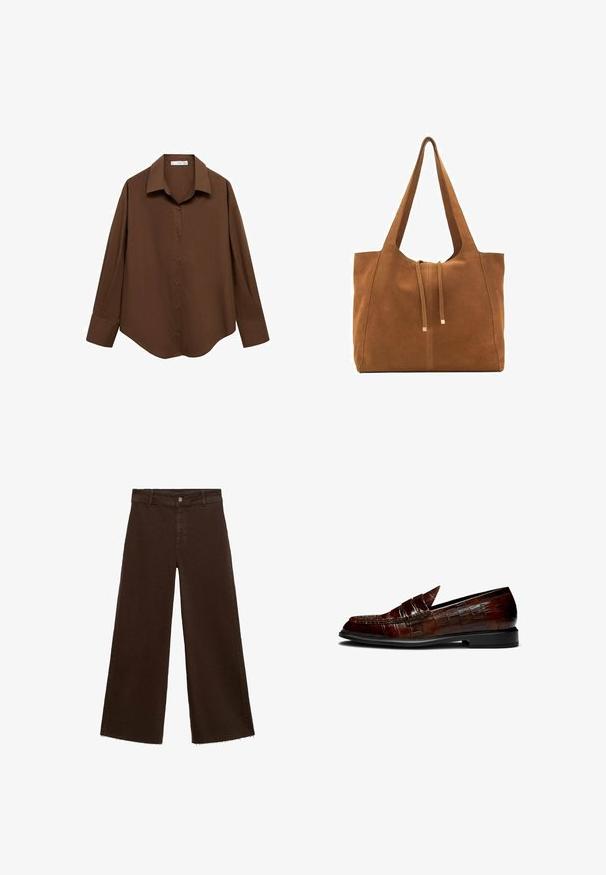 Mango Hemdbluse - brown; Braune, weit geschnittene Hosen aus Baumwollmischung mit fransigem Saum, vorderem Knopfverschluss und klassischem Fünf-Taschen-Design. Minimalistisch und vielseitig.; Braune Lederloafers mit Krokodilleder-Optik, einem niedrigen Absatz und einer spitzen Zehenform. Akzentnähte entlang der Kanten.; Braune Wildleder-Tasche mit zwei langen Trägern, Zugverschluss und minimalistischem Design. Glatte Textur und keine sichtbaren Hardware-Details.