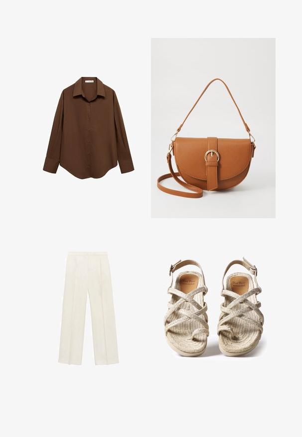 Mango Paitapusero - brown; Valkoiset leveälahkeiset housut vaaleassa kermassa. Valmistettu sileästä kankaasta, jossa on laskokset edessä ja sivutaskut.; Beige kudotut sandaalit ristivöillä, valmistettu teksturoiduista luonnonkuiduista, joissa on tasapohja ja säädettävä nilkkavyö.; Ruskean nahkainen olkalaukku, jossa on kaareva muoto, kultaiset yksityiskohdat ja solkiyksityiskohta. Varustettu irrotettavalla olkahihnalla.