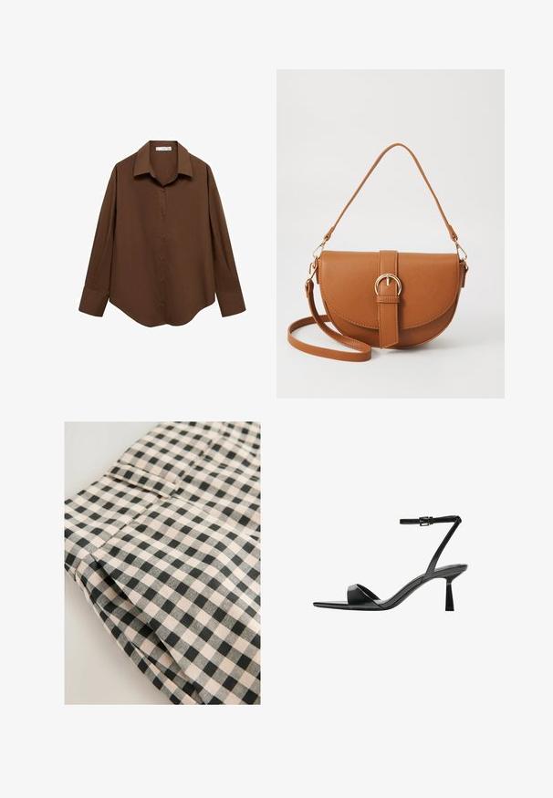 Mango Paitapusero - brown; Mustavalkoinen ruudullinen kangas, jossa on sileä pinta. Yksityiskohta näyttää taitetun osan, jossa on tasku ja siistit viimeistelyviivat.; Bershka Korolliset sandaalit - black; Ruskean nahkainen olkalaukku, jossa on kaareva muoto, kultaiset yksityiskohdat ja solkiyksityiskohta. Varustettu irrotettavalla olkahihnalla.
