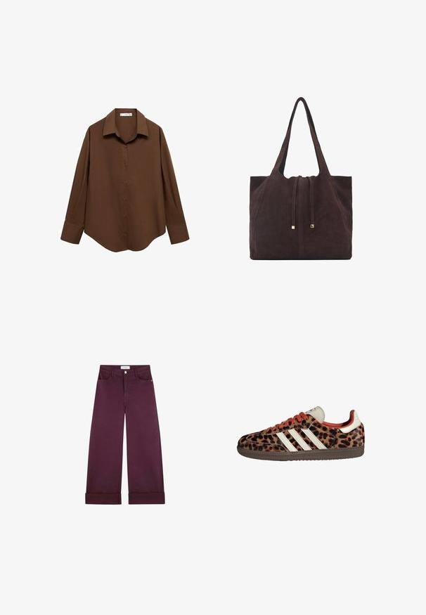 Mango Camicia - brown; Pantaloni a gamba larga in denim bordeaux scuro, con tasche frontali, chiusura con bottone e orli arrotolati per un tocco di dettaglio.; Sneaker con stampa leopardata in materiale scamosciato, lacci rossi e tre strisce bianche sui lati. Presentano una linguetta di colore crema e una suola marrone.; Mango Shopping bag - dark brown