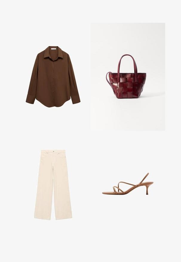 Mango Cămașă - brown; Pantaloni largi de culoare crem, confecționați dintr-un material moale, având o închidere clasică cu nasture și fermoar, cu buzunare frontale și o textură netedă.; Sandalie maro cu barete, design minimalist. Prezintă un toc subțire și o talpă plată, fabricate dintr-un material neted cu barete fine.; Geantă de umăr din piele burgundă, țesută, cu două mânere scurte și o curea de umăr detașabilă. Prezintă o formă bine definită și o textură fină.