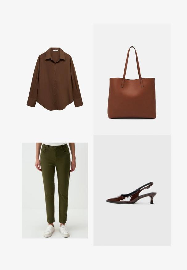Mango Chemisier - brown; Pantalons slim fit vert olive en tissu doux avec cinq poches, fermeture à bouton et texture lisse, associés à des baskets blanches.; Chaussure slingback en cuir verni marron avec un bout pointu et un talon modéré. Elle est dotée d'une sangle à boucle pour un ajustement sécuritaire. Texture lisse.; Sac fourre-tout en cuir marron avec une texture lisse, design à ouverture supérieure et deux poignées pour le porter à l'épaule. Présente des coutures minimales et aucun matériel visible.