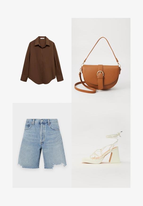 Mango Paitapusero - brown; Vaaleansiniset farkkushortsit, joissa on korkea vyötärö, repaleinen helma, kaksi etutaskua ja klassinen viisi taskua -muotoilu.; Valkoinen korkokenkä, jossa on paksu korko, ja joka sisältää nauhakiinnityksen ja nilkkaketjun. Sujuva pinta, jossa on platform-etupohja lisäkorkeutta varten.; Ruskean nahkainen olkalaukku, jossa on kaareva muoto, kultaiset yksityiskohdat ja solkiyksityiskohta. Varustettu irrotettavalla olkahihnalla.