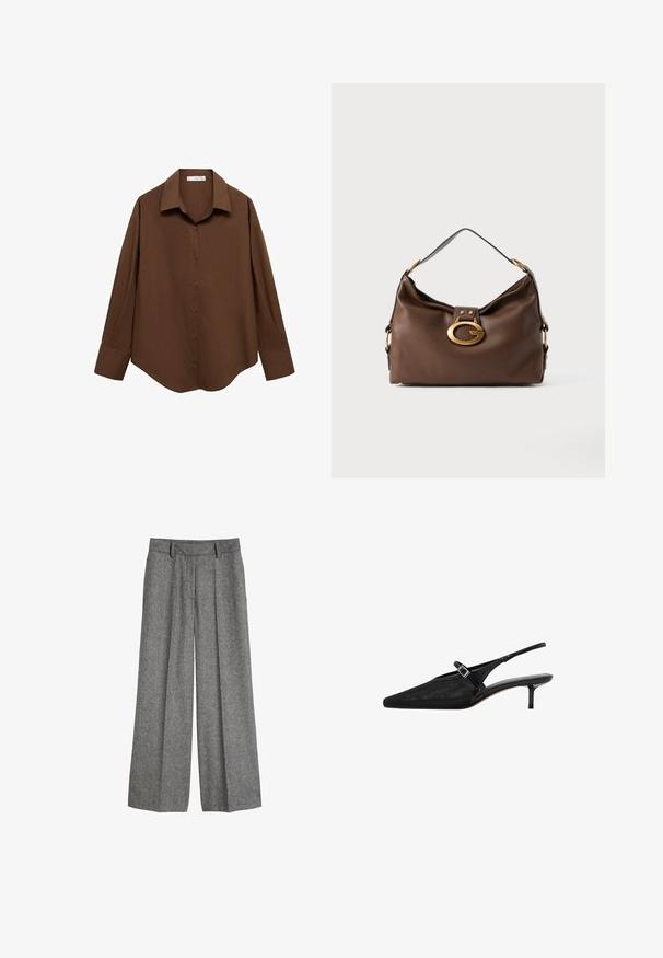 Mango Hemdbluse - brown; Grau wollene Weitbein-Hosen mit Gürtelschlaufen und vorderen Falten, entworfen für eine entspannte, maßgeschneiderte Passform.; Schwarze Slingback-Absätze mit spitzen Zehen, strukturiertem Mesh-Obermaterial, schmalem verstellbarem Riemen mit silberner Schnalle und 5 cm Stiletto-Absätzen.; Braune Handtasche aus Leder mit strukturiertem Finish, ausgestattet mit einem goldfarbigen Verschluss und einem einzigen, geschwungenen Schulterriemen.