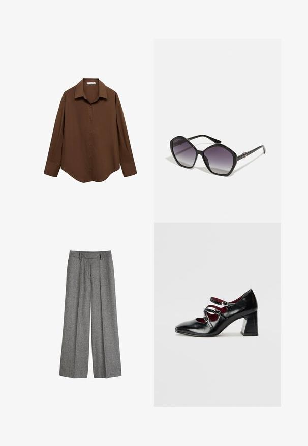 Mango Paitapusero - brown; Harmaat villahousut, joissa on leveät lahkeet, vyölenkit ja etuomenet, suunniteltu rentoon, räätälöityyn istuvuuteen.; Tamaris Avokkaat - black; Mustat ylisuuret aurinkolasit kuusikulmaisella kehällä, liukuvärjätyt purppurat linssit ja kiiltävät kultaiset yksityiskohdat temppeleissä.