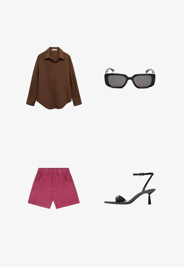 Mango Skjortebluser - brown; Fuchsia-farvede shorts lavet af blødt stof, med en elastisk talje, to sidelommer og en lige pasform i midten af låret.; Bershka Højhælede sandaletter / Højhælede sandaler - black; Sorte rektangulære solbriller med mørke linser, glat plastikramme og buede stænger. Designet er klodset med en minimalistisk æstetik.