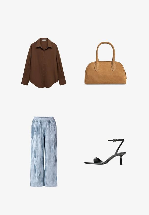 Mango Bluza z gumbi - brown; Svetlo modre široke hlače z teksturiranim, nabranim dizajnom, ki vsebuje različne odtenke modre in elastični pas za udobno prileganje.; Bershka Sandali z visoko peto - black; Torbica iz brušenega usnja v bež barvi, s strukturirano obliko, ki ima dva ročaja, trigonske izreze ter zadrgo po vrhu za zapiranje.