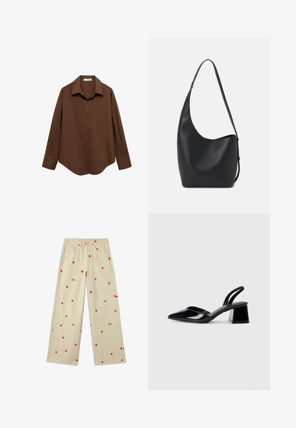 Mango Hemdbluse - brown; Beige weit geschnittene Hose aus Baumwolle mit roter Blumenstickerei und dem Wort "SOL" in Rot. Verfügt über Fronttaschen und einen Knopfverschluss.; Schwarze Lackleder-Slingback-High Heels mit spitzem Schuh und einem geometrischen Blockabsatz. Verfügt über ein schlankes, minimalistisches Design und eine glatte Textur.; Schwarze Leder-Hobo-Tasche mit einer glatten Textur, geschwungener Form und einem einzelnen verstellbaren Tragegurt; verfügt über eine weite Öffnung am oberen Ende.