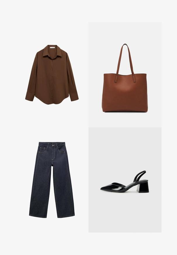 Mango Bluza s gumbima - brown; Tamno plave široke traperice izrađene od denima. Sadrže zatvarač, kopčanje na dugme i kontrastnu šavove duž šavova.; Crne lakirane kožne sandale s otvorenom petom i špicastim vrhom, s geometrijskom blok petom. Imaju elegantan, minimalistički dizajn i glatku teksturu.; Smeđa kožna torba preko ramena s glatkom teksturom, otvorenim vrhom i dvjema naramenicama. Ima minimalne šavove i nema vidljivog hardvera.