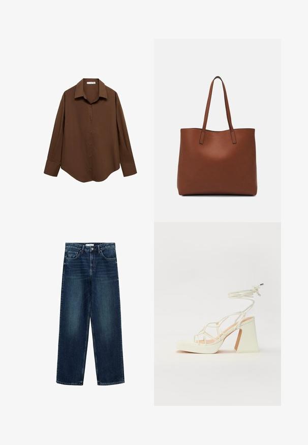 Mango Bluza z gumbi - brown; Široke denimske hlače temno modre barve, z petimi žepi, sprednjim gumbom za zapiranje in gladko teksturo z rahlim zbledenjem.; Bela sandala na visokih petah s debelim petam, ki ima obliko trakcev in vezanje okoli gležnja. Gladka tekstura z platformo spredaj za dodatno višino.; Rjava usnjena torba z gladko teksturo, odprto zasnovo zgoraj in dvema naramnima trakovoma. Opremljena je z minimalnim šivanjem in brez vidnih kovinskih delov.
