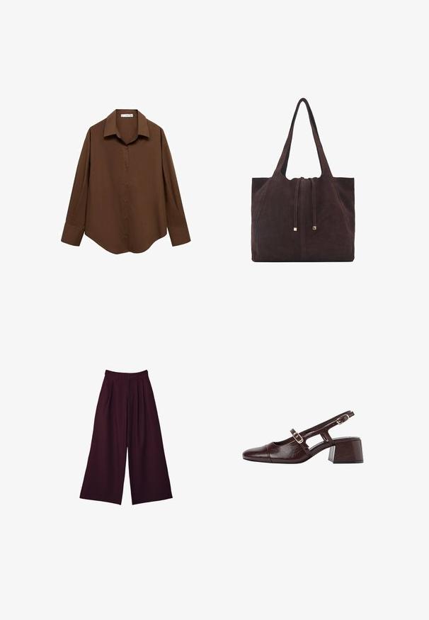 Mango Hemdbluse - brown; Weite Hose aus tiefburgunderfarbener Stoff, mit Falten, hoher Taille und zwei seitlichen Taschen für Funktionalität und Stil.; Braune Leder Slingback-Pumps mit quadratischer Spitze, ausgeschnittenen Seiten und Blockabsatz. Mit einer Schnalle am Knöchelriemen.; Mango Shopping Bag - dark brown