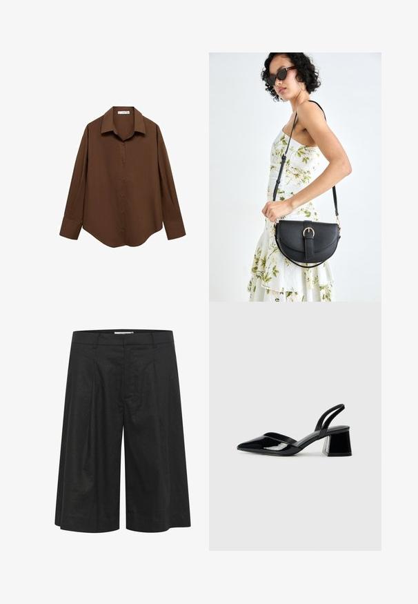 Mango Blus - brown; Svarta byxor med en löst, vida design, plisserad framsida och slät textur. Tillverkade av lättviktsmaterial. Sitter vid midjan.; Svarta lackläder slingback klackar med spetsig tå och geometrisk klack. Har en elegant, minimalistisk design och slät yta.; Svart läderhandväska med en böjd form, avtagbar rem och guldiga detaljer. Väskan har ett lock med en spänndetalj.