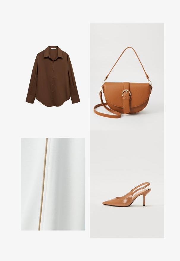 Mango Button-down blouse - brown; White fabric with a smooth texture and a beige accent stripe running vertically along one side.; Pointed toe slingback heel in a smooth, glossy tan material. Features a curved cutout design and a slender stiletto heel. Silver buckle detail.; Brown leather crossbody bag with a curved shape, gold hardware, and a buckle accent. Features a detachable shoulder strap.