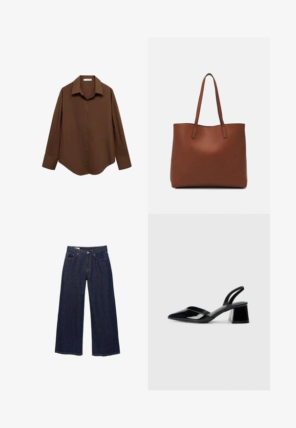 Mango Bluza z gumbi - brown; Temno modri široki traper hlače z sprednjimi žepi, pasnimi zankami in gumbom za zapiranje na pasu.; Črne lakirane slingback pete s koničastim nosom in geometrijsko blokasto peto. Imajo eleganten, minimalističen dizajn in gladko teksturo.; Rjava usnjena torba z gladko teksturo, odprto zasnovo zgoraj in dvema naramnima trakovoma. Opremljena je z minimalnim šivanjem in brez vidnih kovinskih delov.