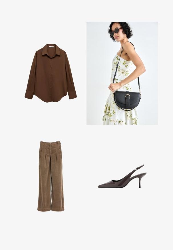 Mango Blúzka so zapínaním na gombíky - brown; Hnedé kordové nohavice s širokými nohavicami, prednými záhybmi, zapínaním na gombík a textúrovanou tkaninou. Majú vysoký pás a rovné nohavice.; Sandalové topánky s špicatou špičkou v tmavo hnedých patentovaných kožách, vybavené štíhlym vysokým opätkom a nastaviteľným členkovým remienkom so sponou.; Čierna kožená kabelka s zaobleným tvarom, odnímateľným popruhom a zlatými doplnkami. Kabelka má klopu s detailom s prackou.