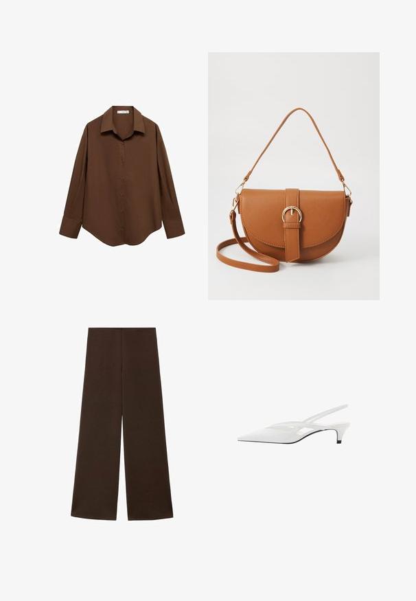 Mango Hemdbluse - brown; Weite Hosen aus einem glatten, dunkelbraunen Stoff. Sie haben einen hohen Bund und ein minimalistisches Design ohne Verzierungen.; Weißer Slingback-Absatzschuh mit spitzer Zehenpartie, featuring ein glattes Obermaterial, subtile Ausschnitte und einen niedrigen Blockabsatz. Die schwarze Sohle betont das Design.; Braune Leder-Crossbody-Tasche mit geschwungener Form, goldfarbenen Beschlägen und einer Schnallenakzentuierung. Verfügt über einen abnehmbaren Schultergurt.