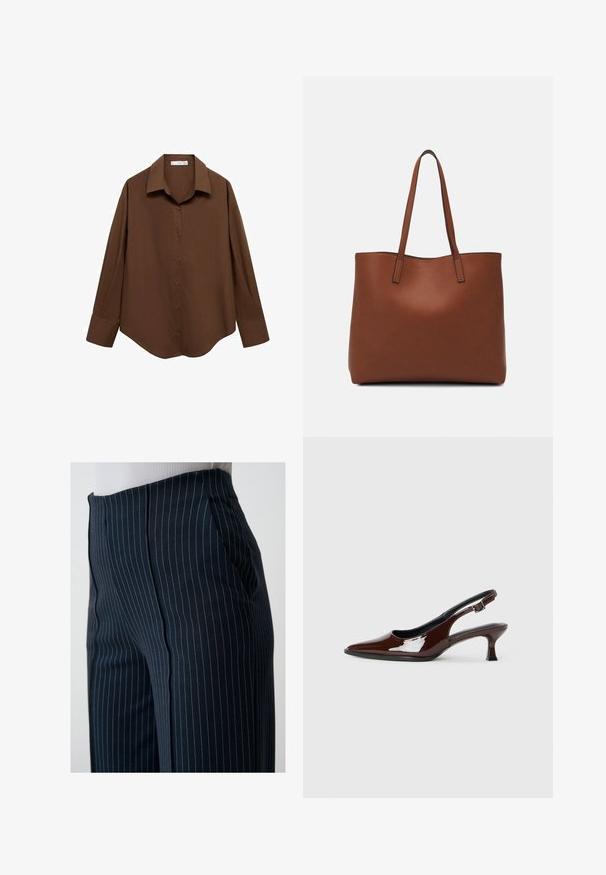 Mango Chemisier - brown; Pantalons bleu marine à rayures, en tissu extensible avec une texture lisse. Dotés de poches latérales obliques et d'une coupe ajustée.; Chaussure slingback en cuir verni marron avec un bout pointu et un talon modéré. Elle est dotée d'une sangle à boucle pour un ajustement sécuritaire. Texture lisse.; Sac fourre-tout en cuir marron avec une texture lisse, design à ouverture supérieure et deux poignées pour le porter à l'épaule. Présente des coutures minimales et aucun matériel visible.