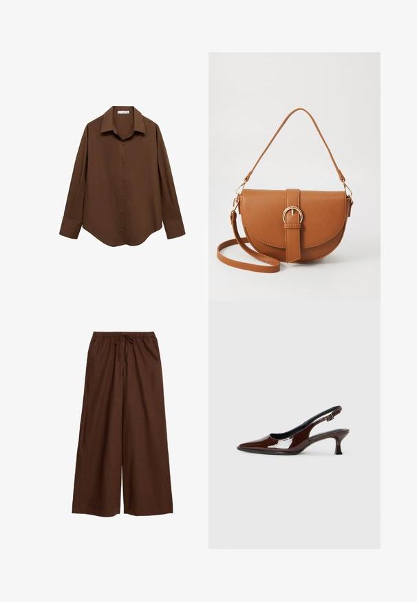 Mango Chemisier - brown; Pantalons amples bruns en tissu léger, dotés d'une taille élastique avec un cordon de serrage et de poches latérales.; Chaussure slingback en cuir verni marron avec un bout pointu et un talon modéré. Elle est dotée d'une sangle à boucle pour un ajustement sécuritaire. Texture lisse.; Sac bandoulière en cuir marron avec une forme incurvée, quincaillerie dorée et un accent en boucle. Comprend une bandoulière détachable.