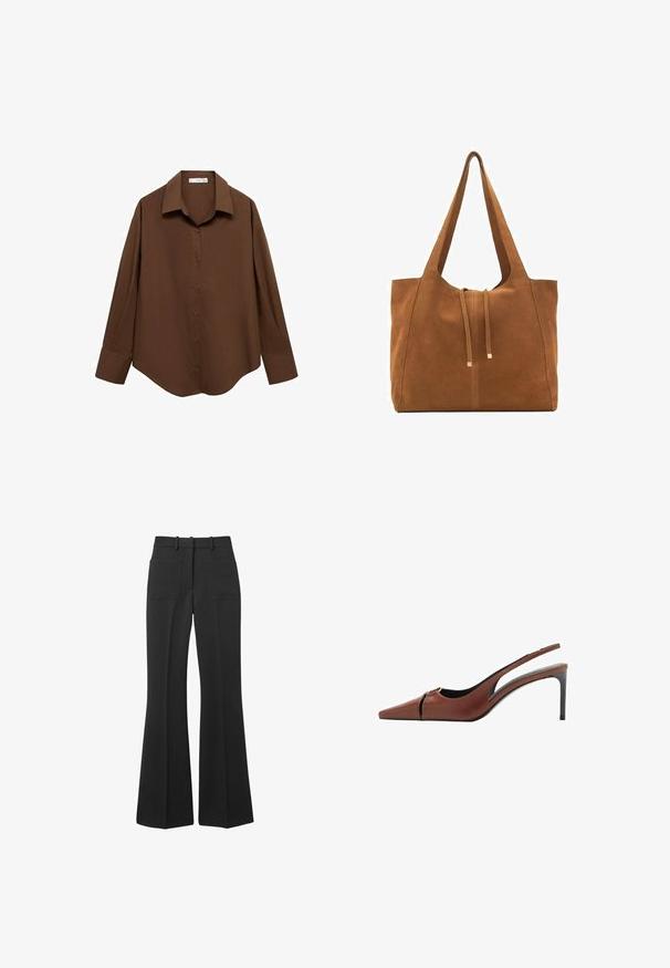 Mango Overhemdblouse - brown; Zwarte flare broeken gemaakt van gladde stof. Heeft twee achterzakken en riemlussen, met een wijd uiteinde dat naar de taille toelopend is.; Bruine leren slingback hakken met een spitse neus, uitsnijding bij de bovenkant en een elegante stilettohak. Glad oppervlak.; Bruine suède schoudertas met twee lange hengsels, trekkoordsluiting en minimalistisch ontwerp. Gladde textuur en geen zichtbare hardware-accenten.