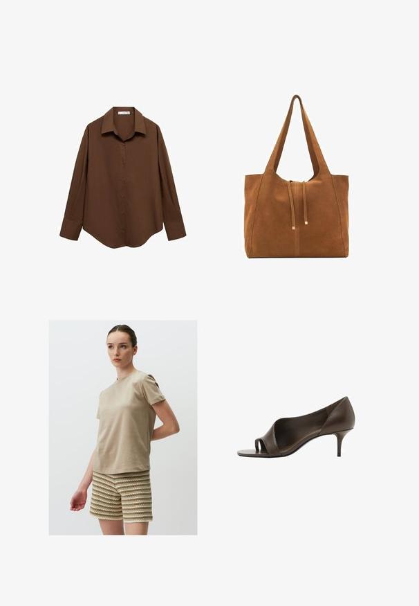 Mango Chemisier - brown; T-shirt en coton beige à manches courtes, associée à un short texturé avec des rayures alternées de crème et de marron clair.; Chaussure à talon haut ouverte en cuir marron avec une texture lisse et un talon aiguille mince. Présente un design découpé et une forme minimaliste.; Sac fourre-tout en suede marron avec deux longues poignées, fermeture à cordon, et design minimaliste. Texture lisse et sans accents matériels visibles.