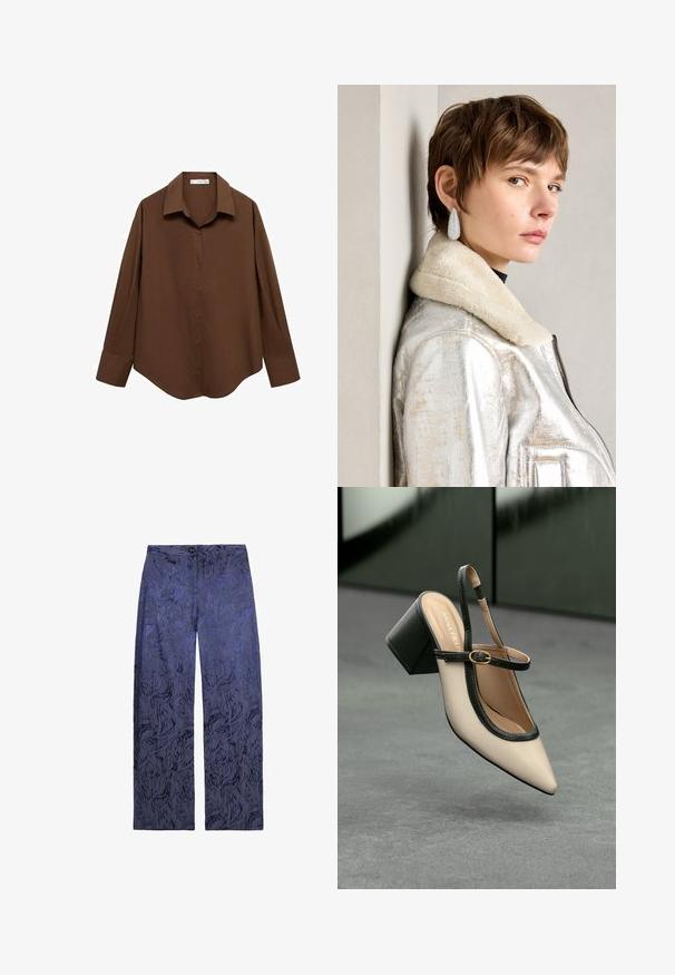 Mango Paitapusero - brown; Sukkah leveät housut tummansinisessä värissä, joissa on teksturoitu, abstrakti kuvio. Varustettu nappikiinnityksellä ja etutaskuilla. Pehmeä kangas, jolla on sileä pinta.; Beige slingback-kengät, joissa on musta reuna, kultahakas, ja paksu lohkoheel, harmaalla lattialla tummanvihreää taustaa vasten.; Hopealaisia metallisia nahkatakkeja, jossa on turkis kaulus, varustettuna vetoketjulla ja teksturoidulla pinnalla. Suuret pisaramuotoiset korvakorut, joissa on kirkkaat jalokivet.