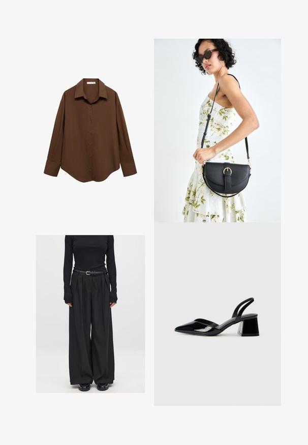 Mango Paitapusero - brown; Mustat ribattu pitkähihainen paita yhdistettynä korkeavyötäröisiin, leveälahkeisiin mustiin housuihin, joita korostaa kapea musta vyö, ja asusteena kiiltävät kengät.; Mustat patentoitu nahkakengät, joissa on säären takaosa ja terävä kärki, sekä geometrinen palikkakorko. Sisältää tyylikkään, minimalistisen muotoilun ja sileän pinnan.; Musta nahkainen käsilaukku, joka on kaareva muotoilultaan, irrotettavalla hihnalla ja kultaisilla yksityiskohdilla. Laukussa on läppä, jossa on solk yksityiskohta.