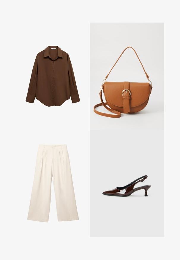 Mango Overhemdblouse - brown; Lange broek met wijde pijpen in een lichtbeige kleur, gemaakt van een zachte, gestructureerde stof. Heeft voorplooien en een elastische tailleband voor een comfortabele pasvorm.; Bruine gepatineerde leren slingback-schoen met een spitse neus en een gematigd hakje. Voorzien van een gespsluiting voor een veilige pasvorm. Glad van textuur.; Bruine leren schoudertas met een gebogen vorm, gouden hardware en een gespaccent. Bevat een afneembare schouderriem.