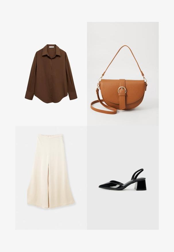 Mango Hemdbluse - brown; Beige weit geschnittene Hosen aus glattem Stoff mit hohem Bund und weichem Fall. Sie haben eine lockere Passform und klare, schlichte Linien.; Schwarze Lackleder-Slingback-High Heels mit spitzem Schuh und einem geometrischen Blockabsatz. Verfügt über ein schlankes, minimalistisches Design und eine glatte Textur.; Braune Leder-Crossbody-Tasche mit geschwungener Form, goldfarbenen Beschlägen und einer Schnallenakzentuierung. Verfügt über einen abnehmbaren Schultergurt.