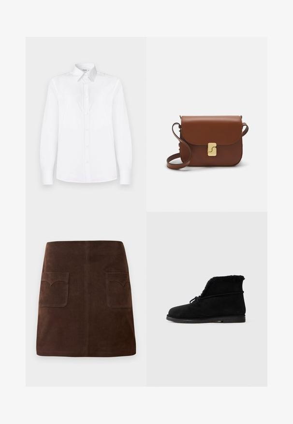Fehér, hosszú ujjú ing sima anyagból, galléros nyakkal és világos rózsaszín gombokkal ellátott gombos elülső résszel.; Barna velúr szoknya klasszikus A-vonalú fazonnal, két elülső zsebbel kerek fedéllel és diszkrét varrási részletekkel.; Fekete velúr bokacsizma, amelynek a felső részénél látható a szőrös bélés és egy megkötött fűző van körbetekerve.; Barna bőr kézitáska, hajtókás zárással, arany színű fém kiegészítőkkel, vállpánttal és sima felülettel. Kompakt téglalap alakú.