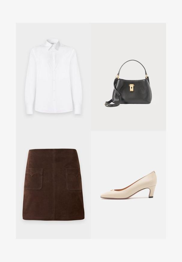 Weißes Langarmhemd aus glattem Stoff, mit einem Kragen und einer Knopfleiste mit hellrosa Knöpfen.; Brauer Wildlederrock im klassischen A-Linien-Schnitt, mit zwei vorderen Taschen mit abgerundeten Klappen und dezenten Nähten.; Beiger Lackleder-Pumps mit spitzem Absatz und niedrigem Blockabsatz. Verfügt über ein kleines goldfarbenes Logodetail an der Zehe. Glatte Textur.; Schwarze Lederhandtasche mit strukturiertem Finish, mit einem goldenen Schlossverschluss, kurzen Tragriemen und einem abnehmbaren Schulterriemen.
