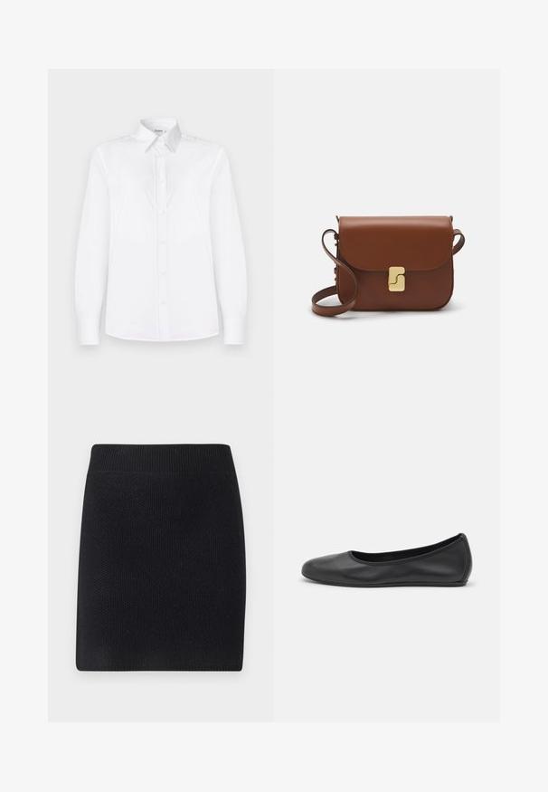White long-sleeve shirt made of smooth fabric, featuring a collared neckline and a button front with light pink buttons.; Black knitted skirt with a straight shape. Features a wide ribbed waistband and a textured finish, suitable for casual wear.; Black leather ballet flat with a rounded toe, smooth texture, minimal stitching detail, and a flexible sole design.; Brown leather handbag with a flap closure, gold-tone hardware, a shoulder strap, and a smooth texture. Compact rectangular shape.