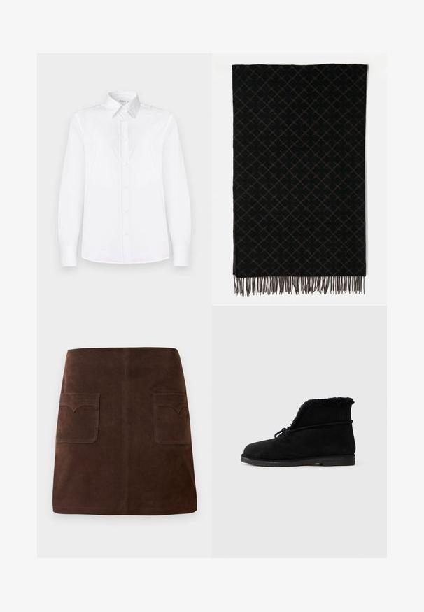 Bílá košile s dlouhým rukávem vyrobená z hladké tkaniny, s klopovým límečkem a předním zapínáním na knoflíky v světle růžové barvě.; Hnědá sukně z nubuku s klasickým áčkovým střihem, dvěma předními kapsami s zaoblenými klopami a subtilními švy.; Černé semišové kotníkové boty s viditelným kožíškem na otvoru a se zavázanou šňůrkou omotanou kolem horní části.; Černý šál s vzorem diamantů v tmavých odstínech, s třásněmi na okrajích pro texturu. Vyrobeno z měkké tkané látky.
