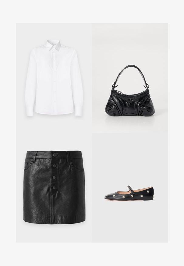 Biała koszula z długim rękawem, wykonana z gładkiego materiału, z kołnierzykiem i zapięciem na guziki, ozdobiona jasnoróżowymi guzikami.; Czarna skórzana spódnica z wysokim stanem, zapięciem na guziki z przodu, dwiema bocznymi kieszeniami oraz lekko rozkloszowanym kształtem. Faktura wykończenia.; Czarne skórzane buty typu Mary Jane na płaskim obcasie z zaokrąglonym czubkiem, ozdobione srebrnymi okrągłymi ćwiekami oraz regulowanym paskiem z klamrą.; Czarna torebka wykonana z teksturowanej skóry o zaokrąglonym kształcie. Posiada cienki pasek na ramię oraz zdobnicze wytłoczone wzory.