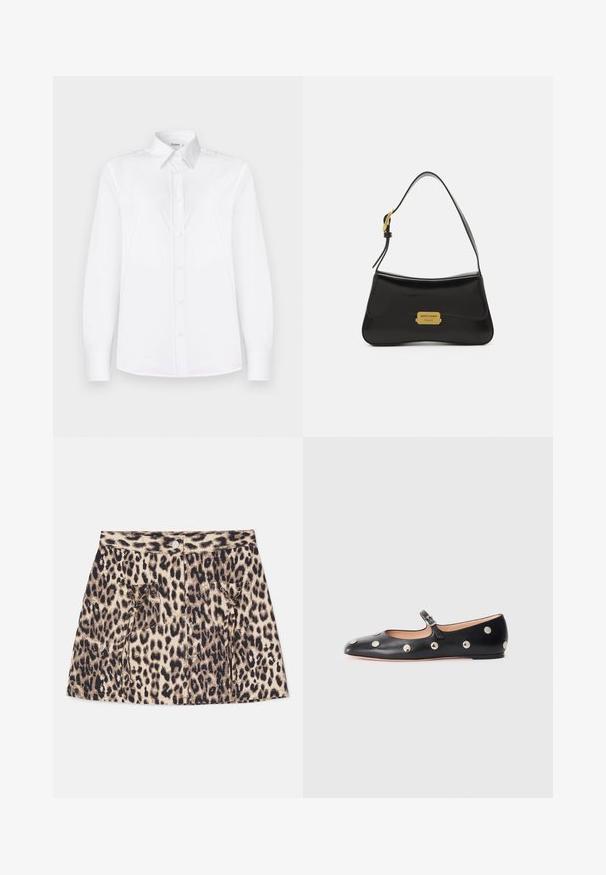 White long-sleeve shirt made of smooth fabric, featuring a collared neckline and a button front with light pink buttons.; Leopard print denim skirt featuring a high waist, front button closure, and two side pockets with drawstring details.; Black leather Mary Jane flat shoe with a rounded toe, featuring silver circular studs and an adjustable strap with a buckle.; Black leather handbag with a curved design, gold logo plate accent, and a slim shoulder strap. Smooth texture with a sleek finish.