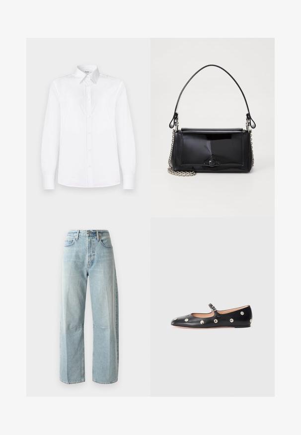 Bela dolga majica z dolgimi rokavi iz gladkega materiala, ki ima ovratnik in sprednje zapiranje na gumbe s svetlo roza gumbi.; Svijetloplave široke traperice izrađene od denima. Imaju visoki struk, dva prednja džepa i ravne nogavice s blagim izbljeđivanjem na tkanini.; Črne usnjene Mary Jane balerinke z zaobljenim noskom, opremljene z zlatimi krožnimi mošnjo in nastavljivim trakom z zaponko.; Črna lakirana usnjena torbica pravokotne oblike, s verižnim trakom in značilnim kovinskim detajlom na sredini. Gladka textura.