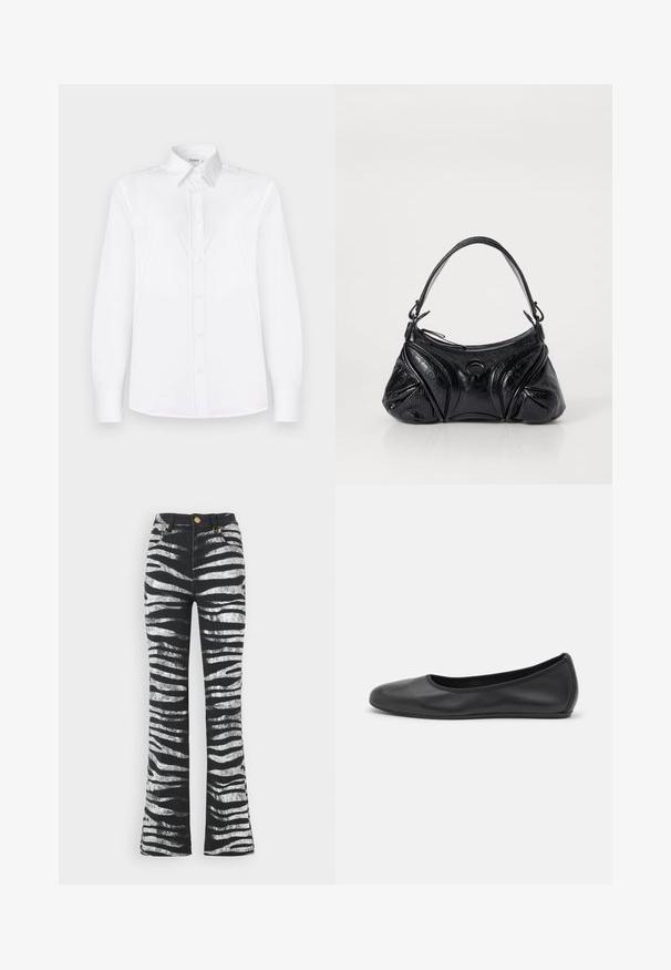 Cămașă albă cu mâneci lungi, confecționată dintr-un material neted, având guler și deschidere cu nasturi de un roz deschis.; Roberto Cavalli Blugi evazați - nero/bianco; Balerini din piele neagră, cu vârf rotund, textură netedă, detalii de cusătură minimale și un design al tălpii flexibil.; Geantă de mână neagră din piele texturată, cu o formă rotunjită. Dispune de o curea subțire pentru umăr și modele decorative în relief.