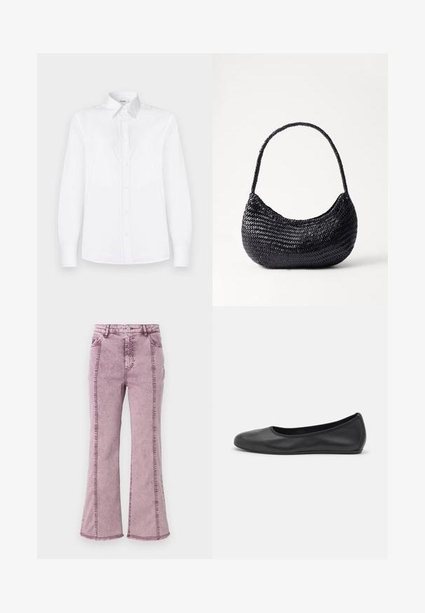 White long-sleeve shirt made of smooth fabric, featuring a collared neckline and a button front with light pink buttons.; Purple denim flared jeans with a high waist, featuring visible stitching along the sides and raw hem at the bottom.; Black leather ballet flat with a rounded toe, smooth texture, minimal stitching detail, and a flexible sole design.; DRAGON DIFFUSION NOVA LUNA - Handbag - black