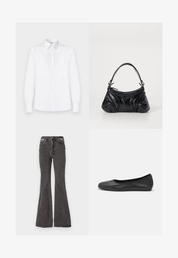 Balta ilgomis rankovėmis marškinių, pagaminti iš lygios medžiagos, turi apykaklę ir mygtukų priekį su šviesiai rožiniais mygtukais.; Juodos plačios džinsinės kelnes su nusidėvėjusia tekstūra, turinčios priekinės kišenes, diržo kilpas ir metalines detales juosmens srityje.; Juodai odiniai baletai su apvaliu pirštu, lygi texture, minimalus siuvimo detales ir lanksčiu padų dizainu.; Juodas rankinukas, pagamintas iš tekstūruotos odos, su suapvalinta forma. Jame yra plonas peties diržas ir dekoratyviniai įspausti raštai.