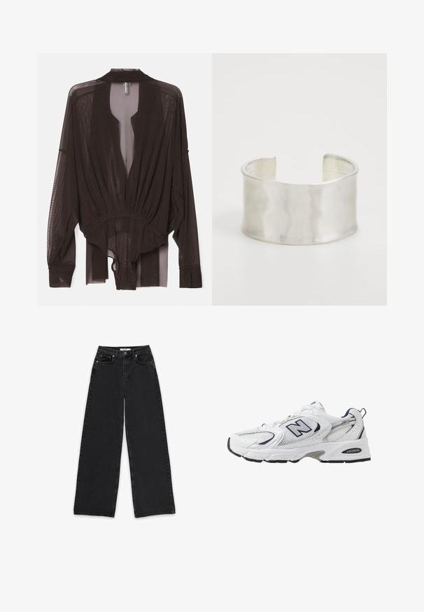 Must musta pluus, millel on pikad varrukad, kogutud vöökoht ja avatud esikülg. Kerge kangas sujuva tekstuuriga ja voolava siluetiga.; Mustad laiad teksapüksid, mis on valmistatud denimist, kõrge vöökoht, kaks esikotti ning nööp- ja tõmbluku sulgemine.; Valge sportlik king, millel on võrgust ülasäär, tumesinised aktsendid ja pehme tallan. Omab "N" logo, paelu ja tekstuurset detaili külje peal.; Zign Käevõru - silver-coloured