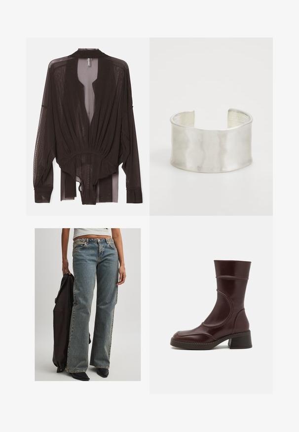 Melnā caurspīdīgā blūze ar garām piedurknēm, savilkta jostas daļā un atvērta priekšpusē. Viegls audums ar gludu tekstūru un plūstošu siluetu.; Gai zils džinsu audums ar brīvu piegulšanu, kas ir ar vidēja augstuma jostu, redzamām šuvēm un klasisku piecu kabatu dizainu. Ir redzama arī melna apavi un tumša jaka.; MIISTA MALENE - Klasiski puszābaki - brown; Zign Rokassprādze - silver-coloured