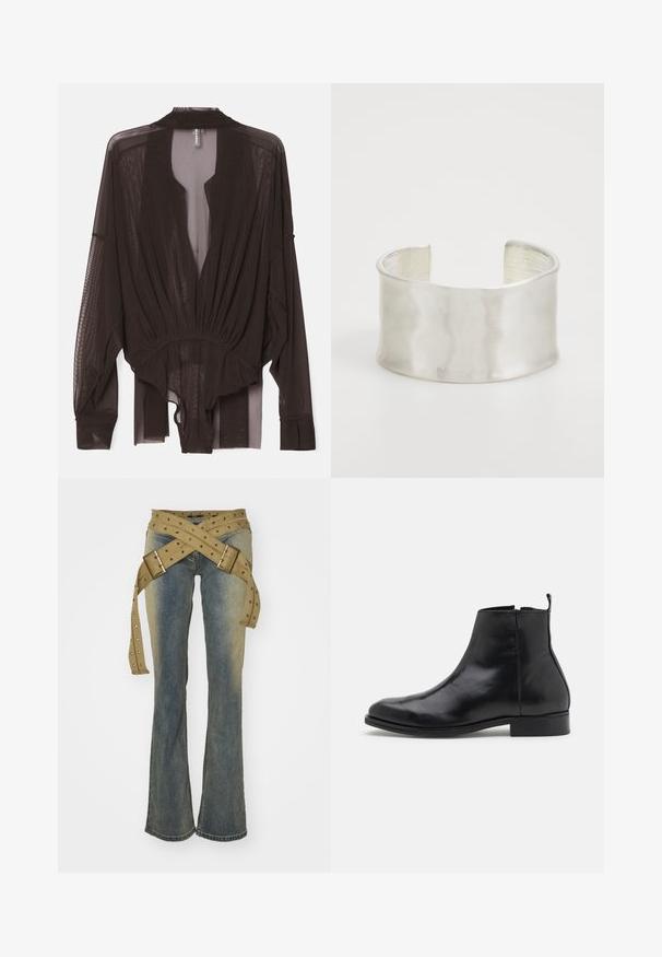 Zwarte doorzichtige blouse met lange mouwen, gathered taille en open front ontwerp. Lichtgewicht stof met een gladde textuur en vloeiende silhouet.; Jaded London STRAP UP STONEWASH - Bootcut jeans - hellblau; Zign LEATHER - Lage laarzen - black; Zign Armband - silver-coloured