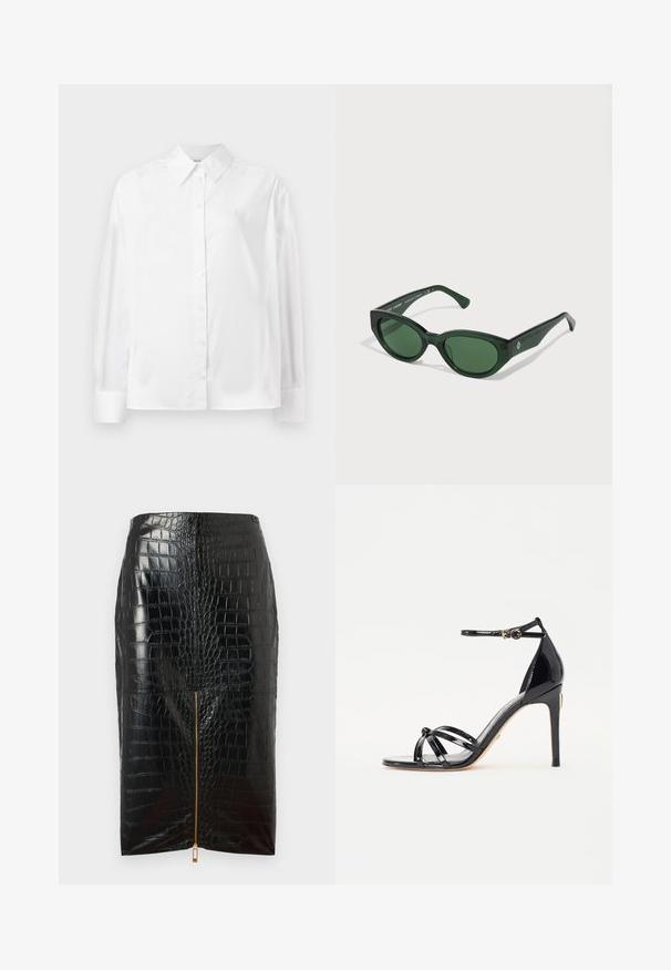 Witte langemouwige button-up shirt in een gladde katoenmix. Voorzien van een klassieke kraag, een knoopsluiting aan de voorkant en afgeronde manchetten.; Zwarte faux leren kokerrok met een krokodillenstructuur, voorzien van een centrale gouden rits en een gladde afwerking.; Zwarte lakleren hoge hakken sandalen met meerdere banden, enkelband, spitse neus en een goudkleurig hardwaredetail.; Groene zonnebril met een glanzende afwerking, rechthoekige monturen en donker groene lenzen. Voorzien van een subtiel logo aan de zijkant van de poot.; Zwarte leren handtas met een gouden kat-vormige handgreep, voorzien van een voorflap, verstelbare schouderband en logo-detail aan de onderzijde van de voorkant.