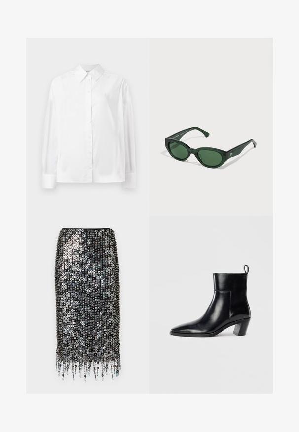 Chemise blanche à manches longues, en mélange de coton lisse. Présente un col classique, une fermeture à boutons sur le devant et des poignets arrondis.; Jupe noire en sequins avec une silhouette ajustée, ornée de sequins circulaires et de détails de franges décoratives à l'ourlet.; Bottine en cuir noir avec un bout pointu, un talon empilé géométrique et une languette à l'arrière. Texture lisse et design épuré.; Lunettes de soleil vertes avec une finition brillante, monture rectangulaire et verres vert foncé. Présente un logo discret sur le côté de la branche.; Sac à main en cuir noir avec une poignée en forme de chat dorée, comportant un rabat à l'avant, une bandoulière ajustable et un logo sur le bas devant.