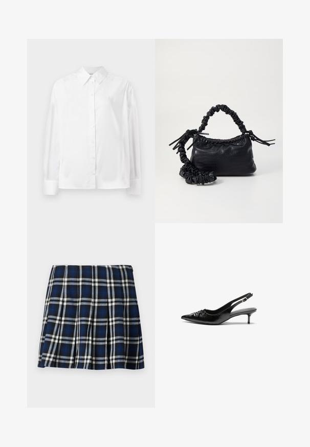 Camisa branca de mangas longas com botões, em um suave misto de algodão. Apresenta um colarinho clássico, fechamento frontal com botões e punhos arredondados.; Saia mini xadrez nas cores azul marinho, preta e branca. Apresenta pregas e uma textura suave. Fechamento com zip no lado.; Sapatos de salto alto slingback em couro preto com bico fino, pequeno salto kitten e um detalhe decorativo em forma de nó na parte da frente. Textura suave em toda a parte.; Bolsa de mão em couro sintético preto com textura de crocodilo, topo franzido e alça enrugada. Apresenta um design suave e compacto.
