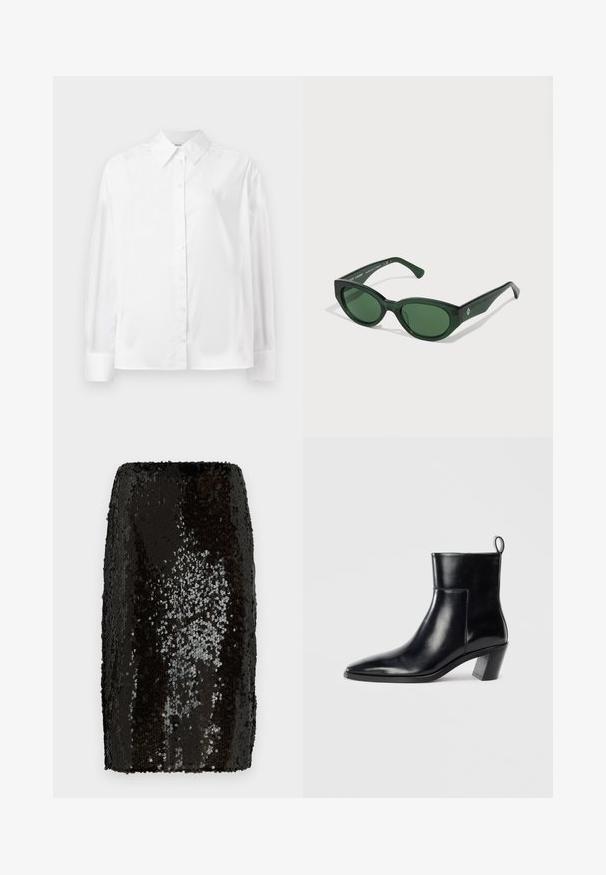 Biela košeľa s dlhým rukávom vyrobená z hladkej bavlnenej zmesi. Má klasický golier, predné zapínanie na gombíky a zaoblené manžety.; Čierna flitrová ceruzková sukňa s priliehavým strihom. Obsahuje husté, reflexné flitre, ktoré vytvárajú textúrovaný povrch. Hladká vnútorná podšívka.; Čierna kožená členková čižma s špicatou špičkou, geometricky tvarovaným podpätkom a pútkom na zadnej strane. Hladká textura a elegantný dizajn.; Zelené slnečné okuliare s lesklým povrchom, obdĺžnikové rámčeky a tmavozelené šošovky. Na strane rámu sa nachádza subtilné logo.; Čierna kožená kabelka so zlatým úchytom v tvare mačky, so predným klopovým uzáverom, nastaviteľným popruhom a detailom loga na dolnej prednej časti.