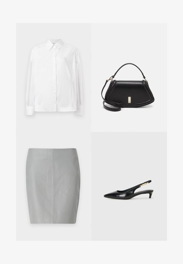 Biela košeľa s dlhým rukávom vyrobená z hladkej bavlnenej zmesi. Má klasický golier, predné zapínanie na gombíky a zaoblené manžety.; Sivá kožená ceruzková sukňa s hladkým povrchom, s jednoduchým dizajnom a s centrálnym švom, ktorý beží vertikálne pozdĺž zadnej časti.; Čierne kožené slingback opätky s špicatou špičkou, s úzkym opätkom a zlatým detailom na nastaviteľnom remienku. Hladká textúra.; Čierna kožená kabelka so štruktúrovaným dizajnom, s krátkym tvarom, hornou rúčkou a zlatými prvkami. Súčasťou je nastaviteľný ramenný popruh.