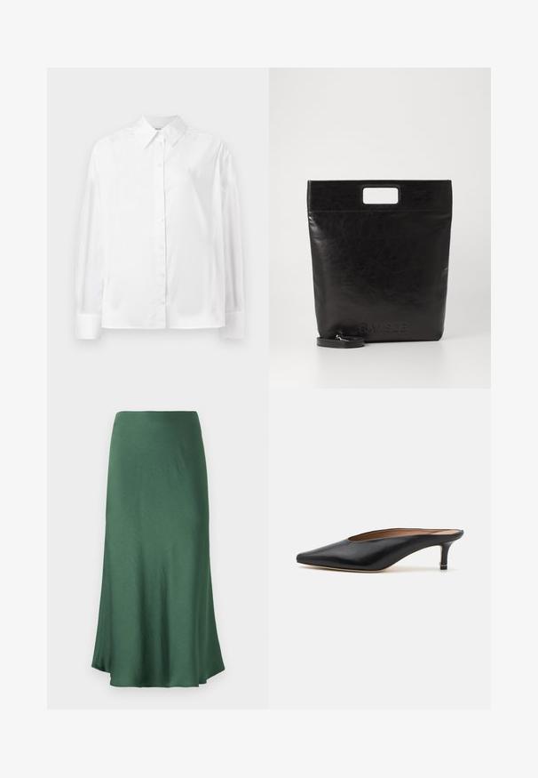 Chemise blanche à manches longues, en mélange de coton lisse. Présente un col classique, une fermeture à boutons sur le devant et des poignets arrondis.; Jupe verte foncée de longueur mi-longue en tissu lisse et léger. Présente un design simple en A avec une légère évasement à l'ourlet.; Mules en cuir noir avec un bout pointu et un petit talon carré. Texture lisse avec un design épuré. Dos ouvert avec un minimum de détails.; Sac fourre-tout en cuir noir avec une poignée carrée, arborant une finition texturée et un logo en relief. Comprend une bandoulière amovible.